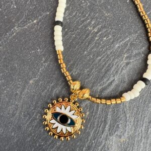 Collier Œil Protecteur · Hématites dorées & médaille émail
